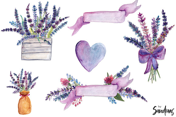 Watercolor lavender clip art in Illustrations - product preview 4