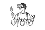 Builder in virtual reality helmet engraving vector