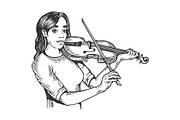 Girl and violin engraving vector illustration