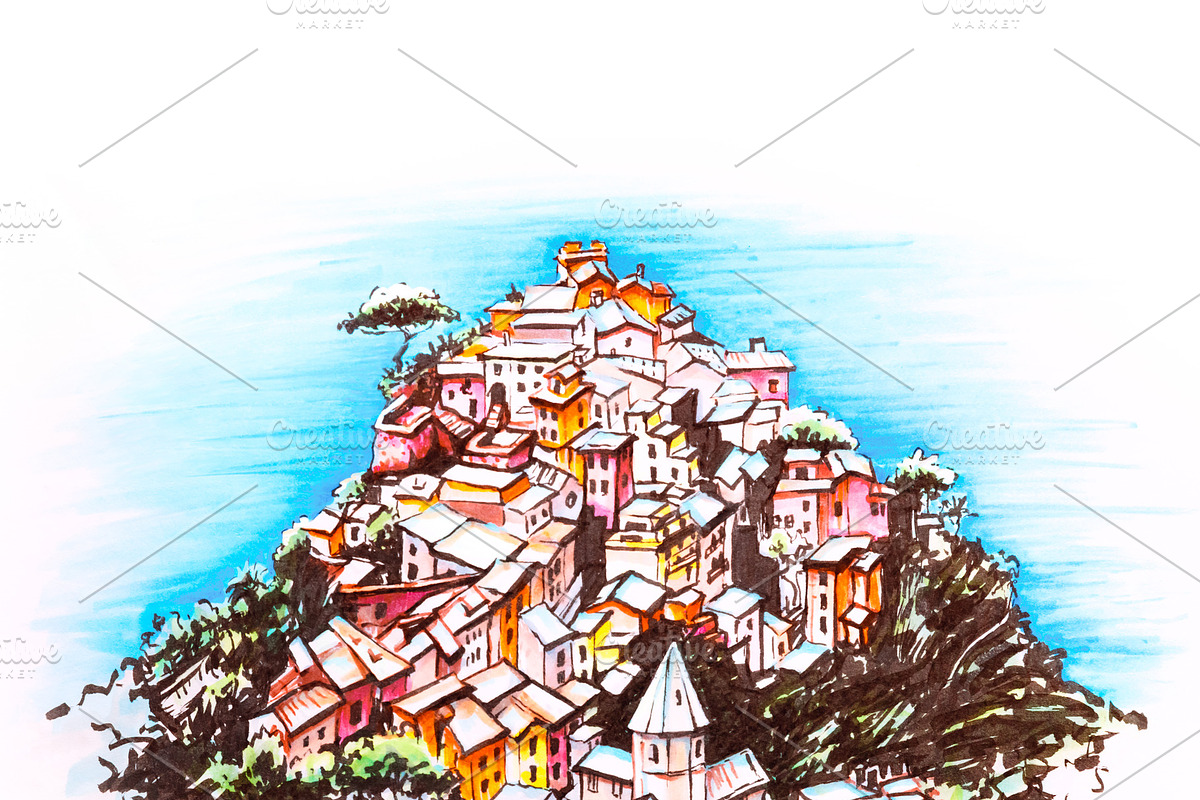 Colorful houses in Corniglia, Ligury, Italy in Illustrations - product preview 8