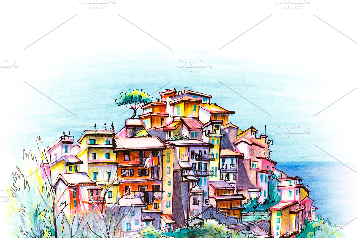 Colorful houses in Corniglia, Ligury, Italy in Illustrations - product preview 8