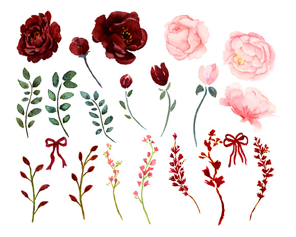 Blush & Burgundy Watercolor Clip Art in Illustrations - product preview 1