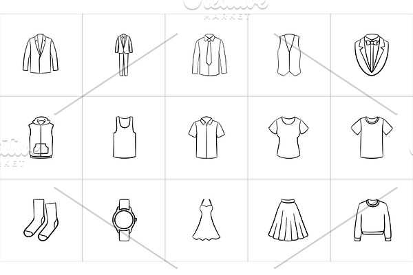 Clothing and accessory sketch icon set.