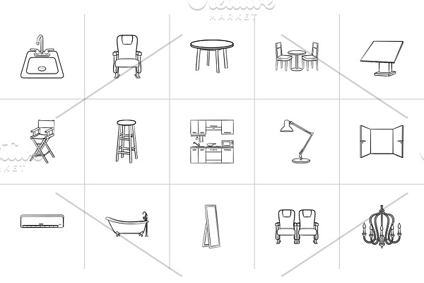 Furniture hand drawn sketch icon set.