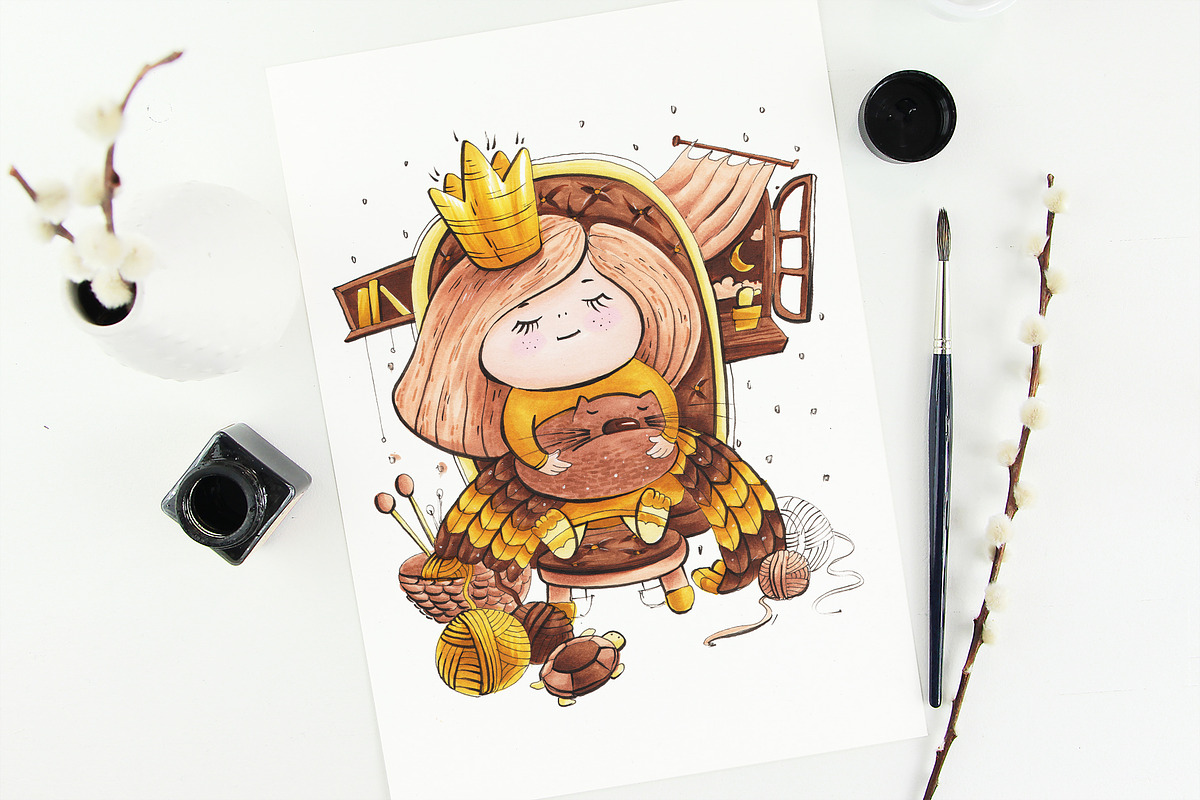 Little Princess sleeping with cat in Illustrations - product preview 8