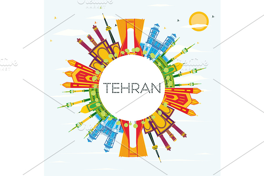 Tehran Skyline with Color Landmarks