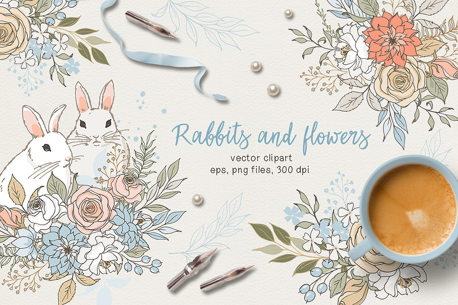 Rabbits and flowers (eps and png)