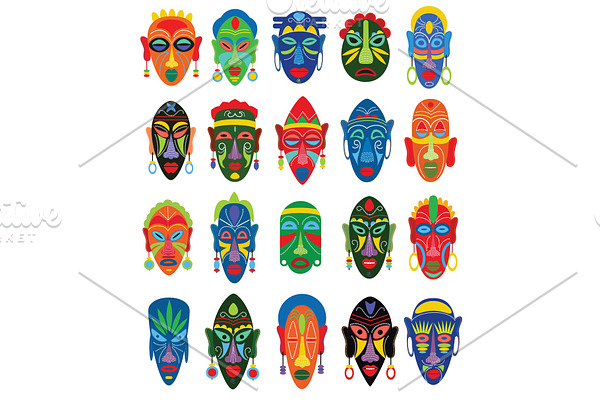 Tribal mask vector African face masque and masking ethnic culture in Africa illustration set of traditional masked symbol isolated on white background