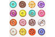 Donut vector doughnut food and glazed sweet dessert with sugar or chocolate in bakery illustration set of colorful backed dough with icing isolated on white background