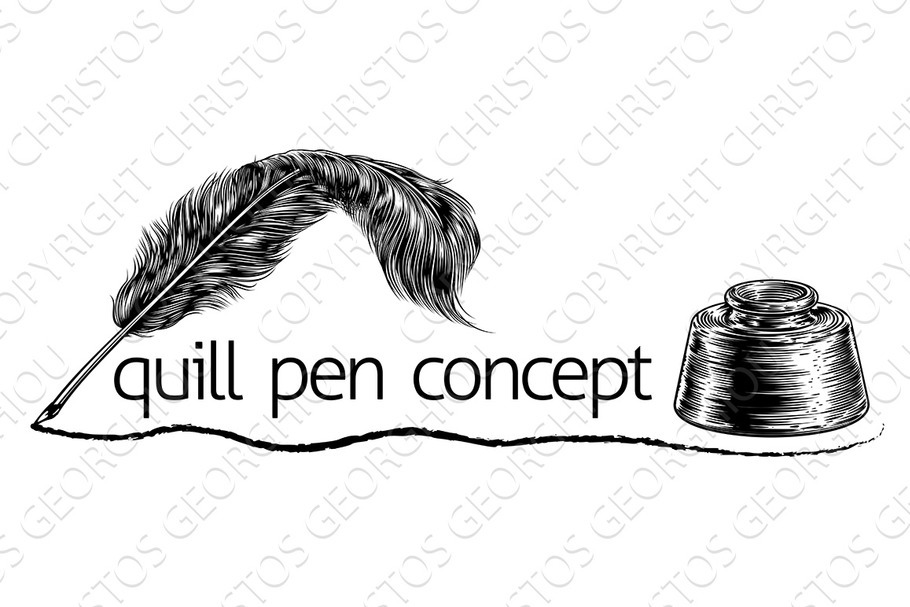 Quill Feather Pen and Inkwell Concept