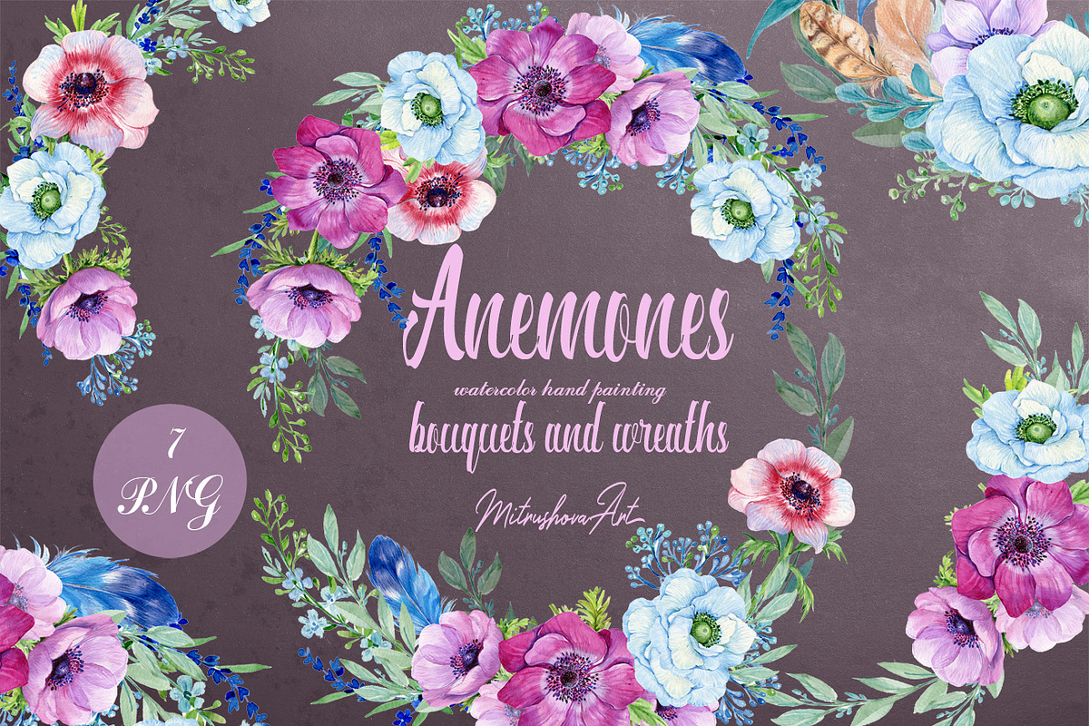 watercolor bouquet .Anemones  in Illustrations - product preview 8