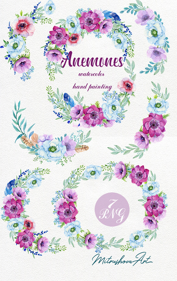watercolor bouquet .Anemones  in Illustrations - product preview 1