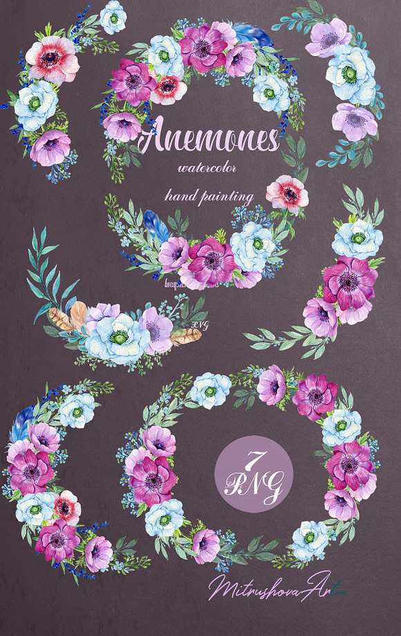 watercolor bouquet .Anemones  in Illustrations - product preview 2