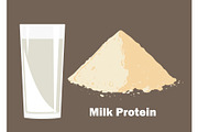 Whey protein powder and glass of milk.