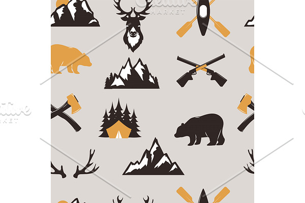 Outdoor tourist travel scout badges template emblem vector illustration collection seamless pattern background bear and deer animals camping badge