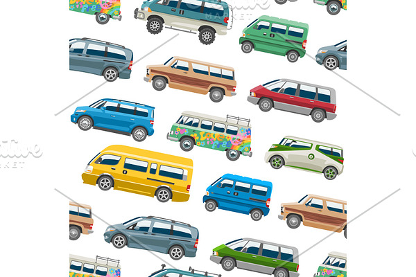 Car vector van auto vehicle family minibus vehicle and automobile banner isolated citycar on white seamless pattern background