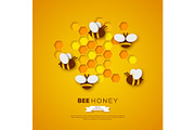 Paper cut style bee with honeycombs. Template design for beekiping and honey product. Yellow background, vector illustration.