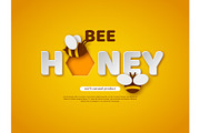 Bee honey typographic design. Paper cut style letters, comb and bee. Template design for beekiping and honey product. Yellow background, vector illustration.