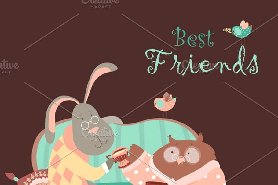 Rabbit and owl drink coffee on couch in Illustrations - product preview 8