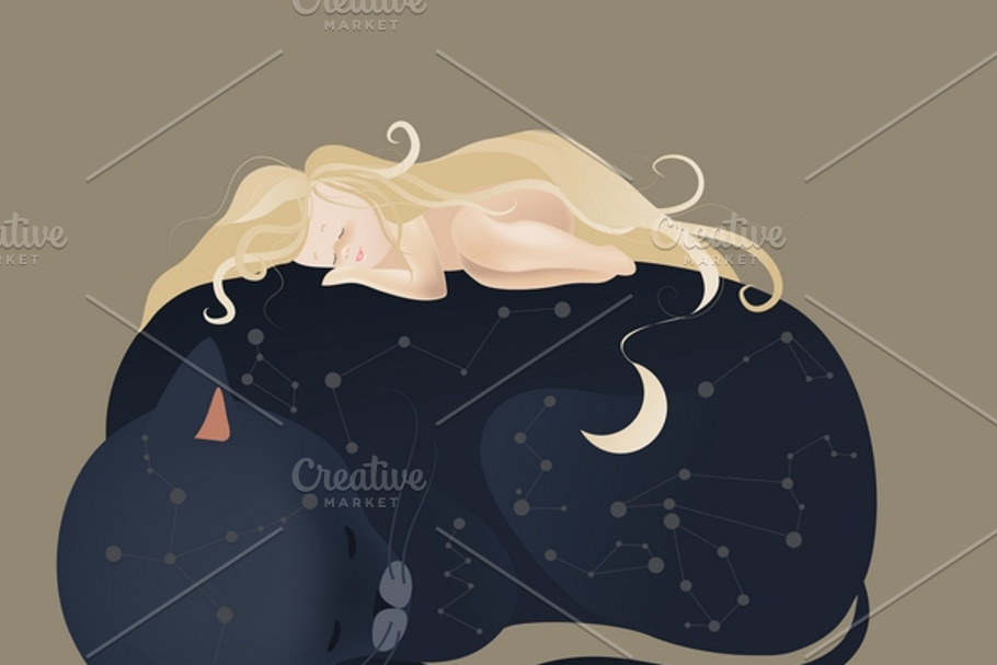 Girl sleeping with black cat in Illustrations - product preview 8