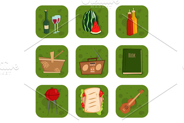 Barbecue party products BBQ grilling kitchen outdoor family time cuisine lunch vector illustration