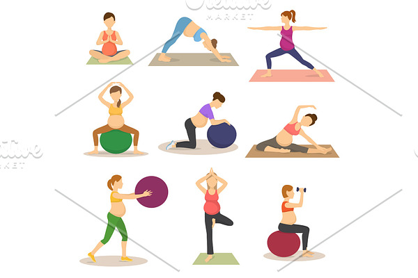 Fitness pregnancy vector pregnant woman character does yoga or exercises with fitball illustration set of expecting mother with big tummy in sport gym isolated on white background