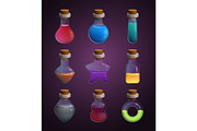 Glass bottles at different shapes with various liquid poison. Tools for game design projects