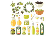 Olive oil vector bottle with virgin olivaceous ingredients for vegetarian food illustration set of olivebranch or olivet for wreath isolated on white background