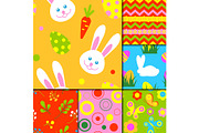 Easter rabbit character bunny seamless pattern background vector cute happy animal illustration decorative ornament nature flora decoration..