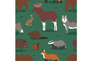 Forest animals vector cartoon animalistic characters bear fox and wild wolf or boar in woodland illustration set of elk hedgehog and squirrel isolated seamless pattern background