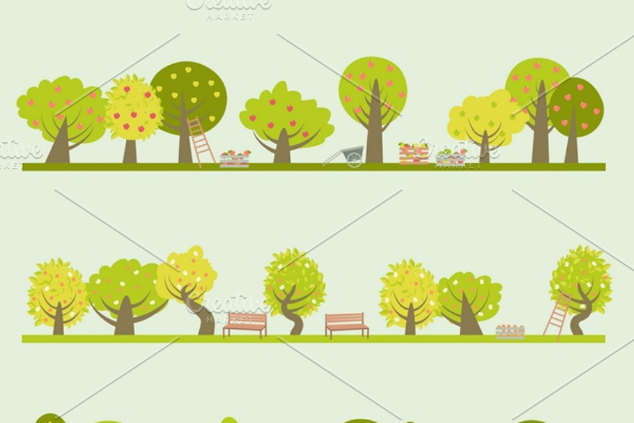 Set of different fruit trees