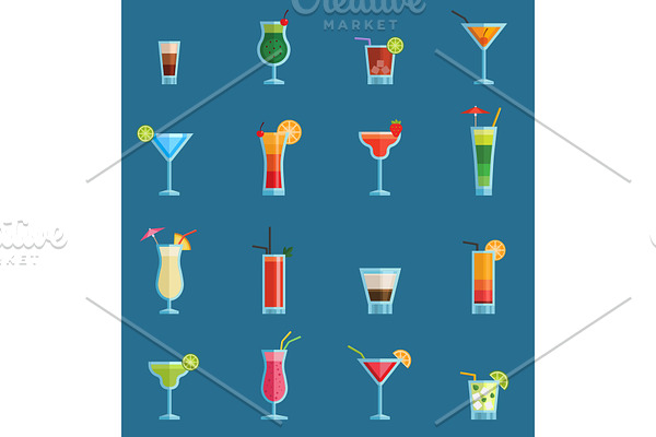Alcoholic cocktails drinks vector fruit cold cosmopolitan, b-52, mohito, vodka freshness alcohol collection and party sweet tequila night club recipes illustration isolated