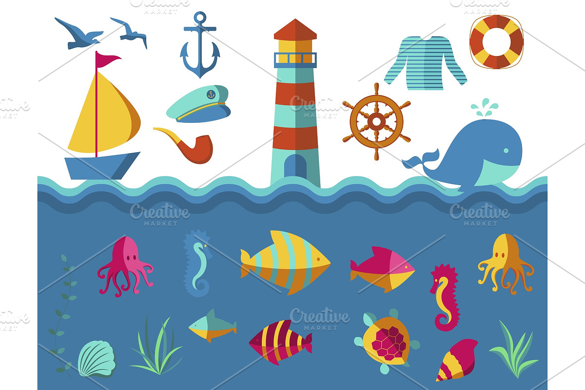 Nautical vector animal and ship elements wave ocean sea blue marine illustration water nautical element abstract marine nature. in Illustrations - product preview 8