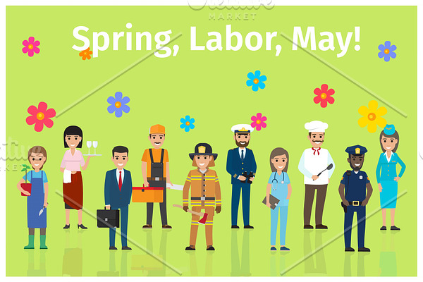 Spring, Labor, May with Ten Occupations on Green