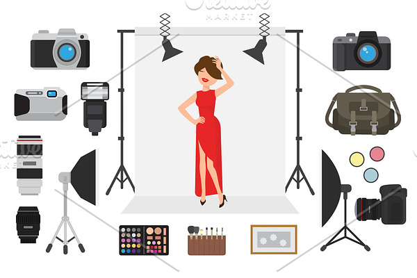 Photography vector photographing model character by professional photo camera and shooting photography woman or girl illustration set of digital equipment lens light isolated on white background