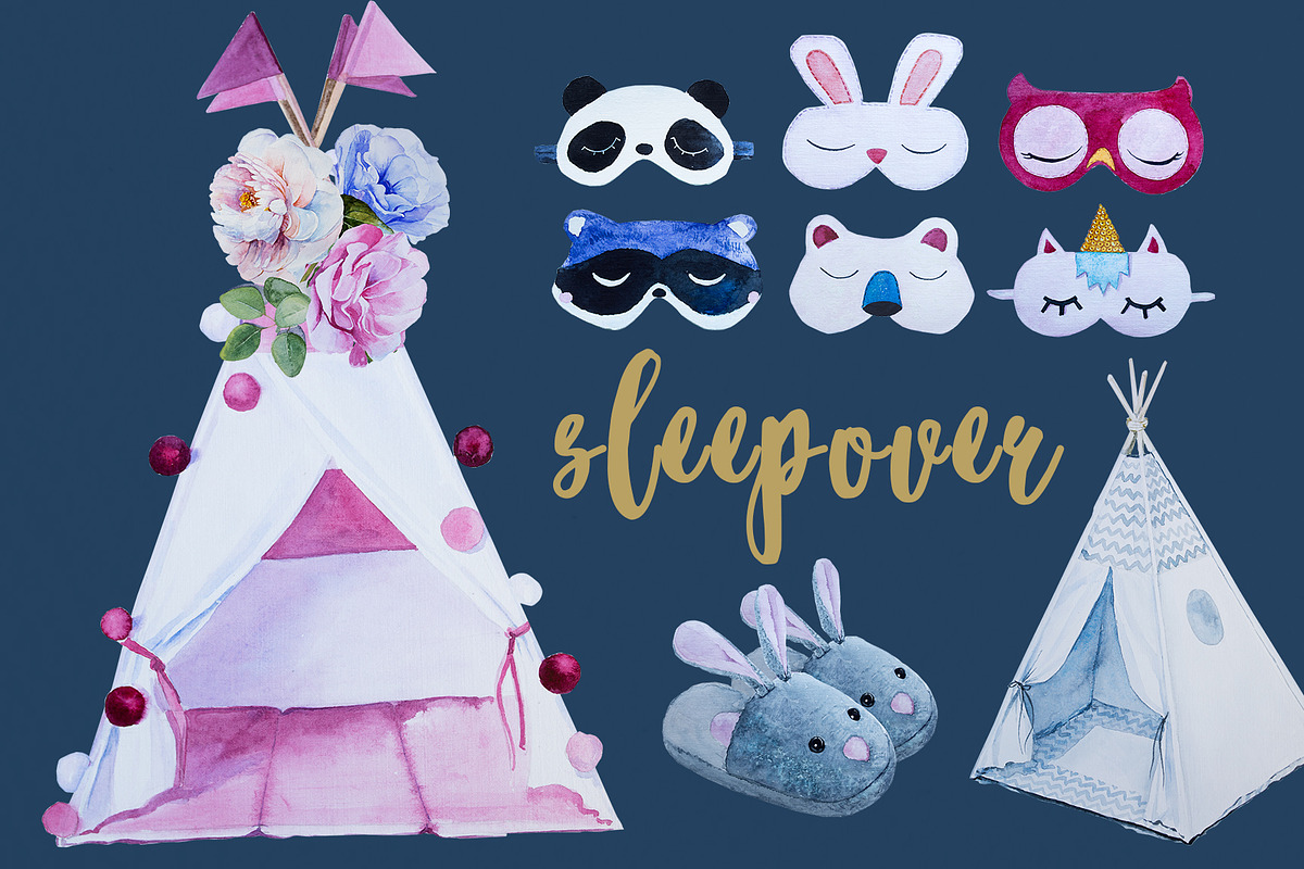 Watercolor Sleepover Clipart Set in Illustrations - product preview 8