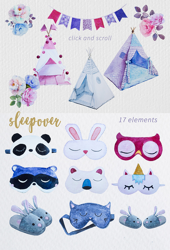 Watercolor Sleepover Clipart Set in Illustrations - product preview 2