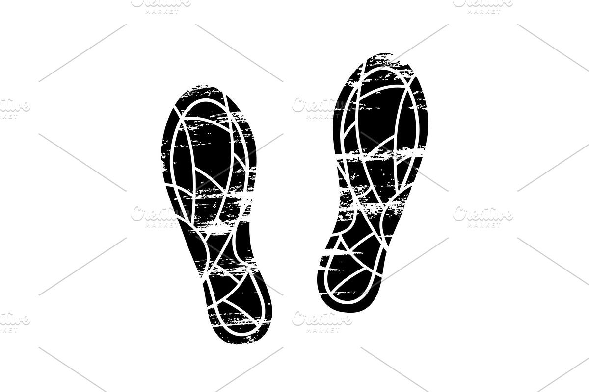 Footprints and shoeprints icon in black and white showing bare feet and the imprint of the soles with patterns of male and female footwear. Shoes boots imprint in Illustrations - product preview 8