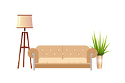 Realistic red sofa with floor lamp and flowerpot interior vector illustration