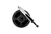 Round shield and sword icon black 