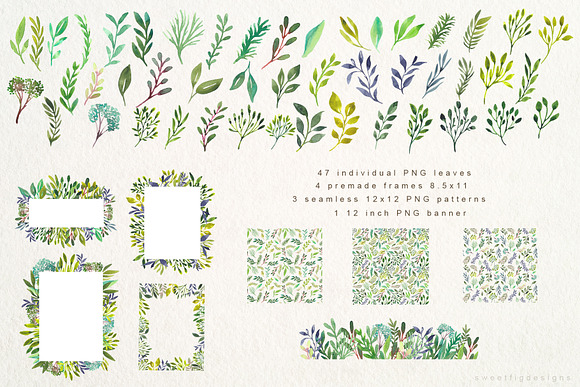 Watercolor Greens ClipArt PNGs in Illustrations - product preview 1