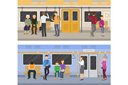 Subway vector people in metro and passengers in underground using urban public transport illustration set of characters inside underpass transportation