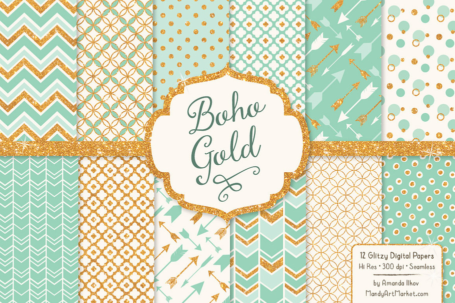 Mint Glitter Bohemian Digital Papers in Patterns - product preview 8