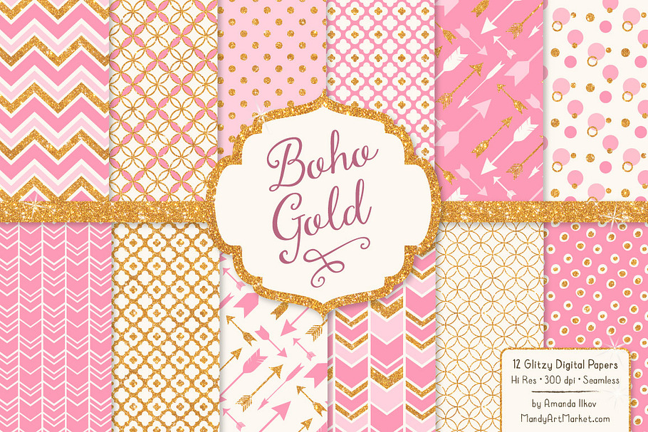 Pink Glitter Bohemian Digital Papers in Patterns - product preview 8