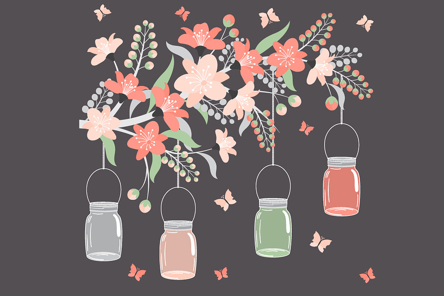 Pastel Floral Branch With Jars