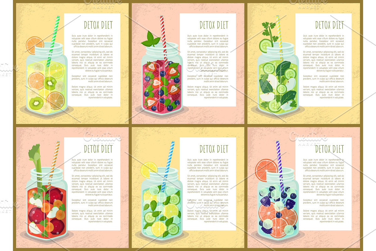 Detox Diet Set of Posters Juicy Drinks of Fruits in Illustrations - product preview 8