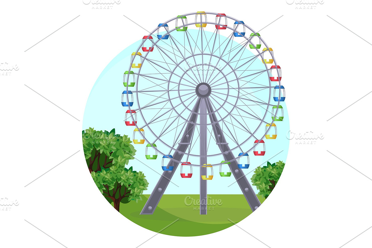 Ferris big observation rotating wheel in park at green leaves in Objects - product preview 8
