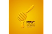 Paper cut style honey dipper. Element for beekeeping and honey product design. Yellow background, vector illustration.