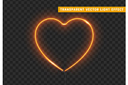 Neon light yellow heart with transparent background.