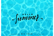 Summer background, blue sea and handwritten calligraphy lettering, Hello Summer